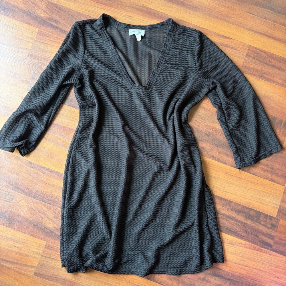 Jordan Taylor Black Crochet V-Neck Swim Cover Up Dress Bell Sleeve Medium USA